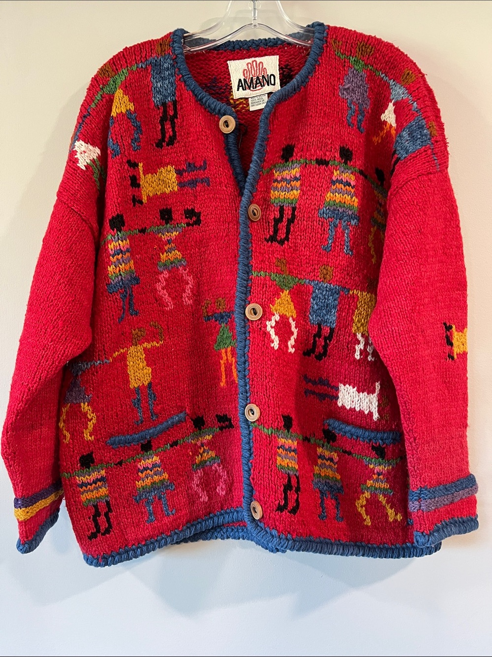 Amano - Vintage, Red Knit Folk Art Cardigan with Multicolor Figures